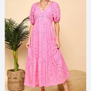 Pink Eyelet Maxi Dress with Puff Sleeves